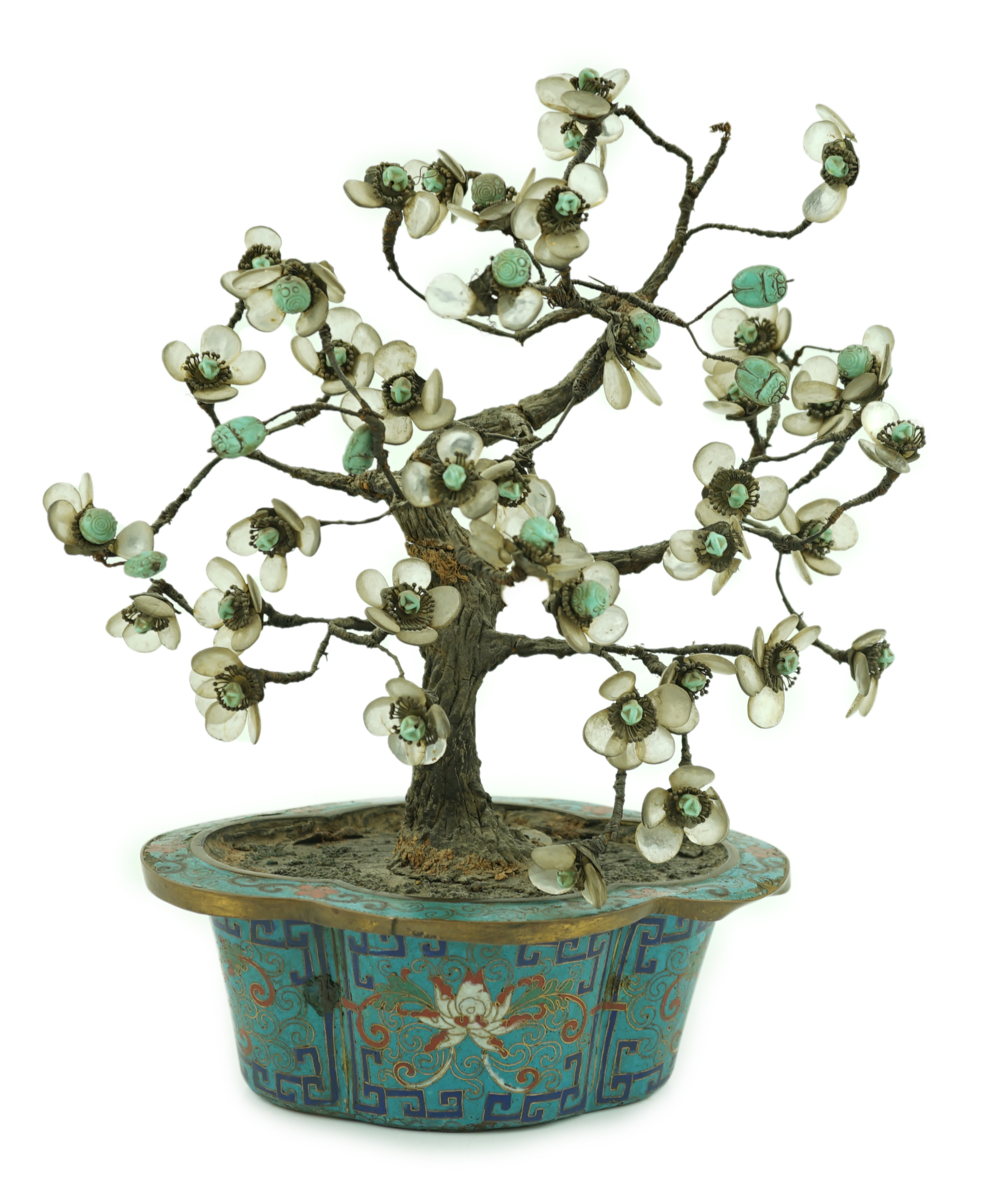A Chinese cloisonné enamel jardiniere housing a glass mounted model tree, 19th century